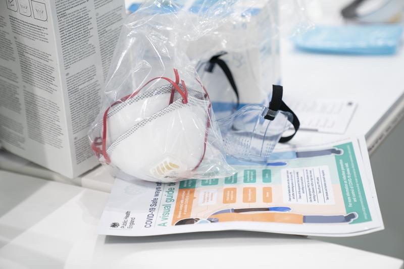 A view of masks and goggles, part of PPE, to avoid being infected or transmitting coronavirus