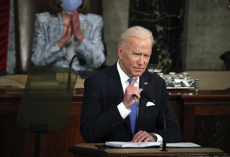 President Joe Biden addresses a joint session of Congress, Wednesday, April 28, 2021, in the House Chamber at the U.S. Capitol in Washington. 