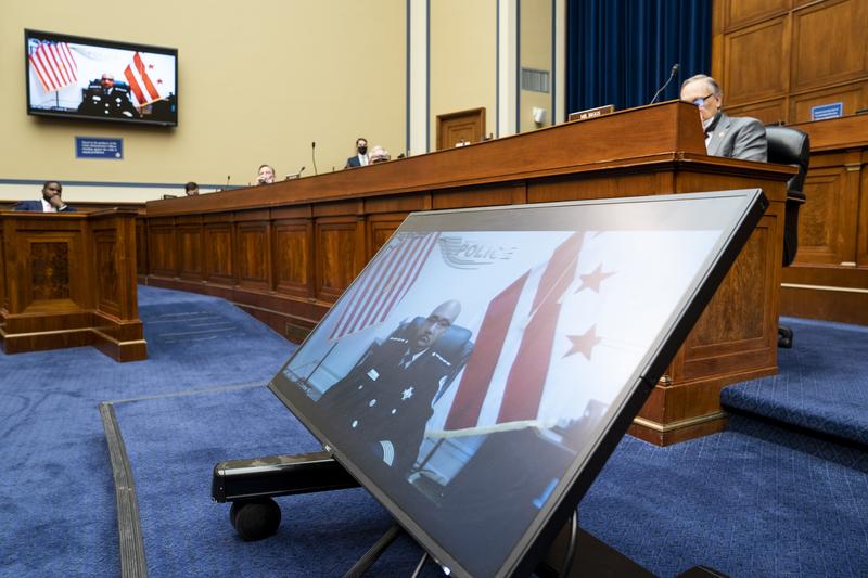 DC Metropolitan Police Department chief Robert Contee III testifies remotely before a House Oversight and Reform Committee regarding the on Jan. 6 attack on the U.S. Capitol, on Capitol Hill in Washin