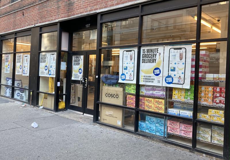 A "Fridge No More" warehouse on 14th and 8th in Manhattan, one of many 15-minute grocery delivery warehouses in the area.
