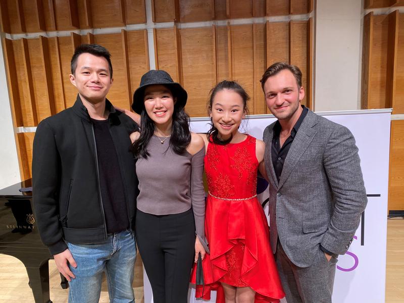 Young Concert Artists 2021 Winners, (Left to right: Lun Li, violin; Ying Li, piano; Harmony Zhu, piano; Daniel McGrew, tenor)