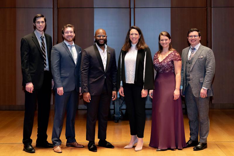 Event host and soprano Susanna Philips, third from right, with 2022 George London Award winners (left to right) Erik Grendahl,  Timothy Murray, Blake Denson, Megan Moore, and Eric Ferring