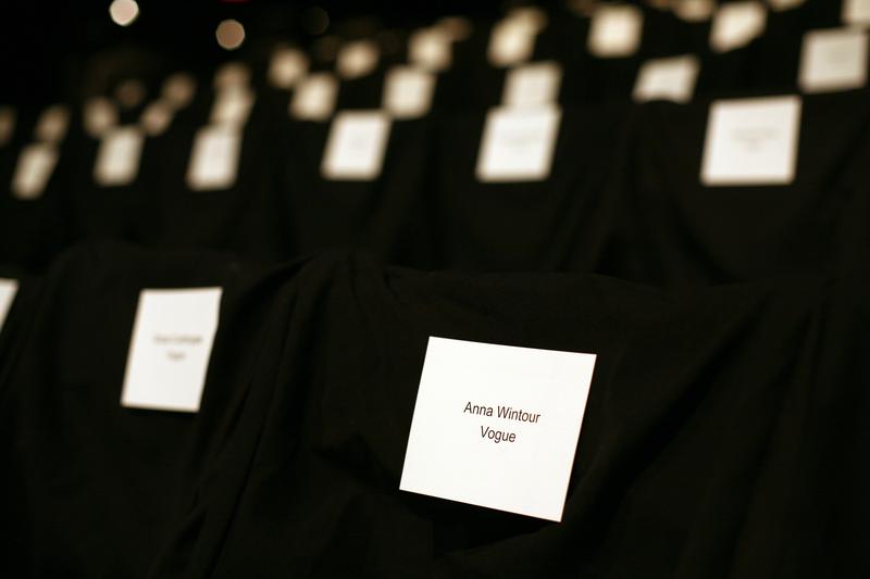 A name card holds a seat for Vogue editor Anna Wintour before the fall 2009 collection of Carolina Herrera is modeled during Fashion Week in New York, Monday, Feb. 16, 2009.