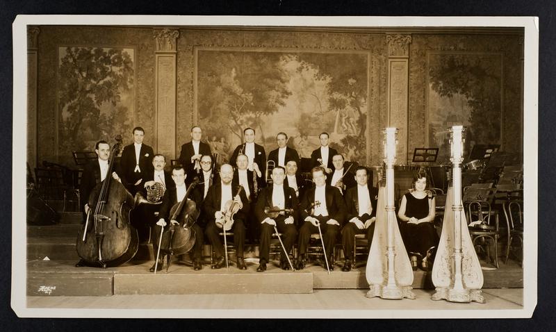 New York Philharmonic Principal Artists including the first woman member of the Philharmonic, harpist Stephanie Goldner, 1922