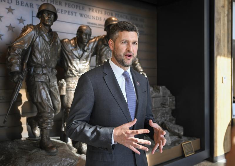 Rep. Pat Ryan, D-N.Y., speaks to reporters at the National Purple Heart Museum in New Windsor, N.Y. Wednesday, Nov. 2, 2022