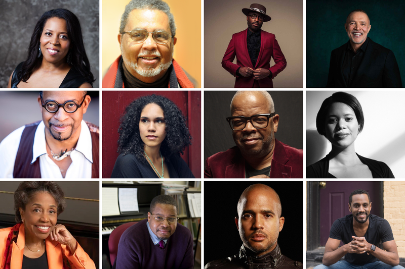 Top (left to right): Valerie Coleman, Adolphus Hailstork, Alexis Ffrench, Michael Abels Middle (left to right): Bill Banfield, Jessie Montgomery, Terence Blanchard...(continued below)