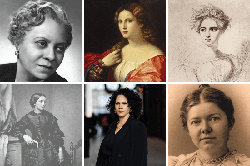 Top (left to right): Florence Price, Francesca Caccini, Fanny Mendelssohn; Bottom (left to right): Clara Schumann, Jessie Montgomery, Amy Beach