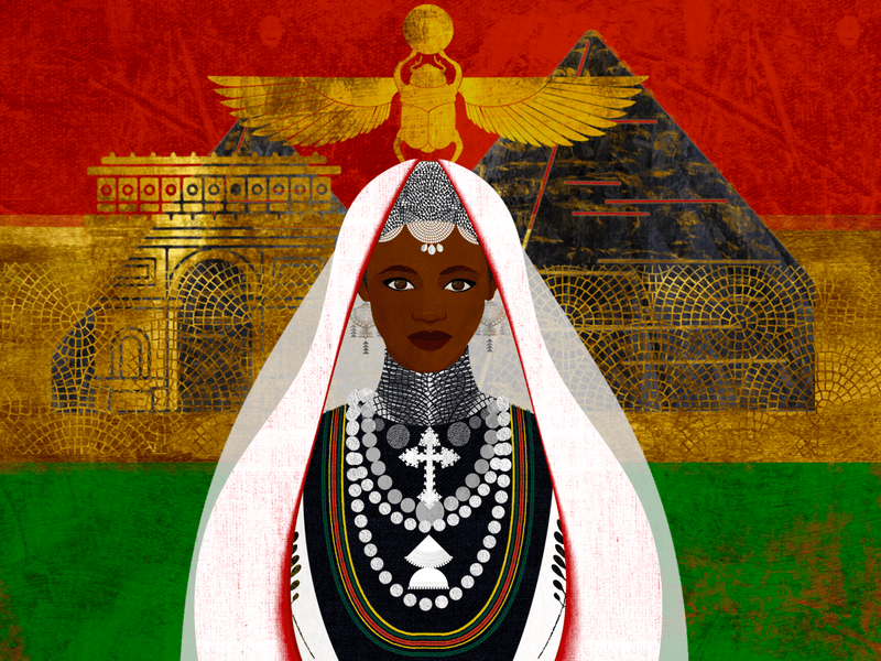 Princess Aida is centered, surrounded by black, red, green, and gold pyramids and royal structures. Above her head is a regally placed gold scarab. 