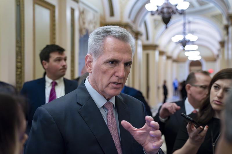 Speaker of the House Kevin McCarthy (R CA) talks with reporters at the Capitol in Washington on 4/28/23. Last week, McCarthy united the House GOP majority to pass a sweeping debt ceiling package.