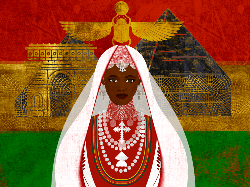 Princess Aida is centered, surrounded by black, red, green, and gold pyramids and royal structures. Above her head is a regally placed gold scarab. 