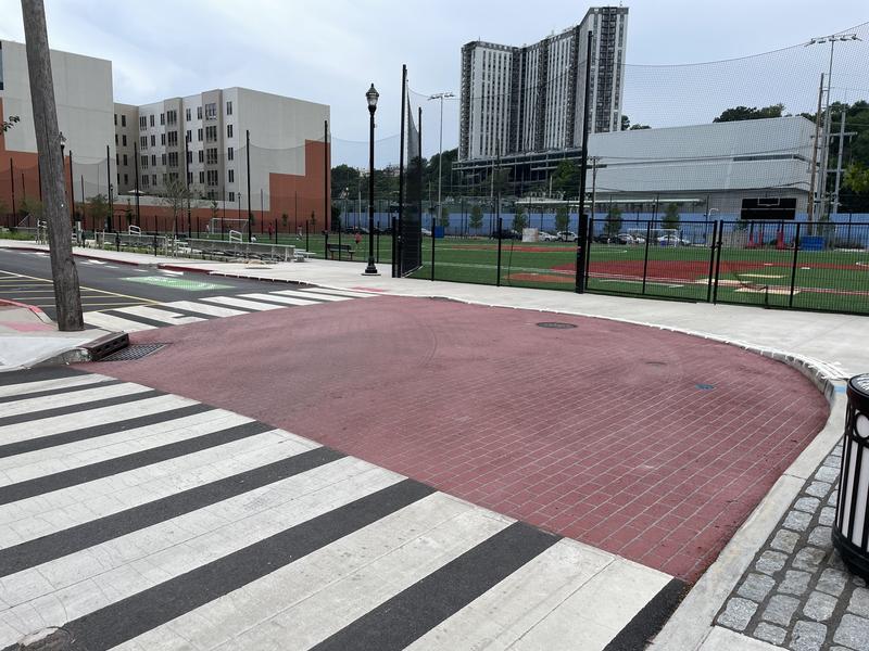 A daylit intersection near ResilienCity Park's sports field