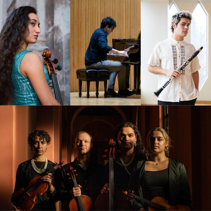 (top left to right) Maria-Elli Petridou, Iskandar Mamadaliev, Juan Pedro Espinosa Monteros, (bottom) Eris Quartet