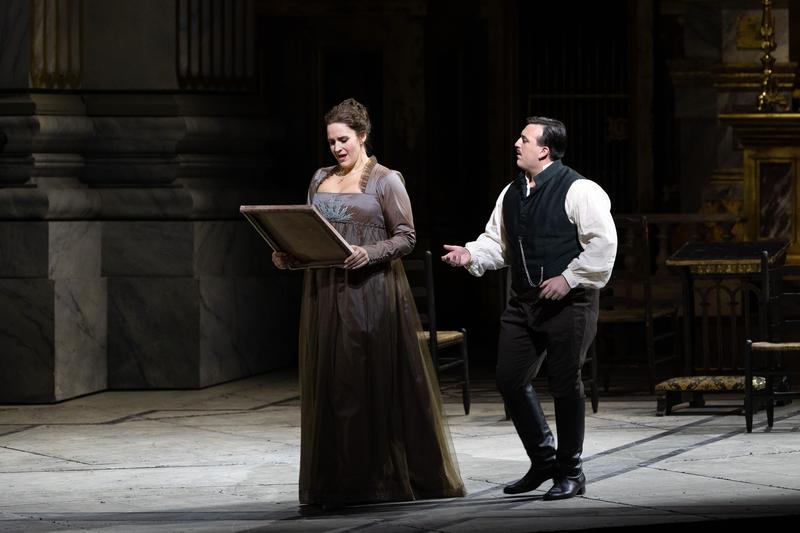 Lise Davidsen as Tosca and Freddie De Tommaso as Cavaradossi in Puccini's "Tosca."