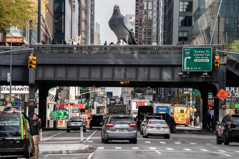 A 16 foot sculpture of a pigeon named dinosaur at the Highline in New York City on November 4, 2024.  