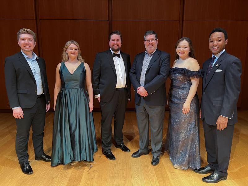 George and Nora London Foundation President John Hauser, third from right, with 2025 George London Award winners (left to right) Evan Lazdowski, Magdalena Kuźma, Alec Carlson, Shelén Hughes, and Josep