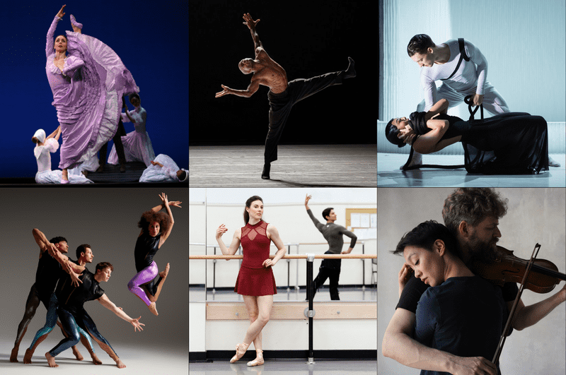 Clockwise from top left: Martha Graham Dance Company, Alvin Ailey American Dance Theater, Ballet Hispánico New York, Johnny Loves Johann, New York City Ballet, and Parsons Dance. 