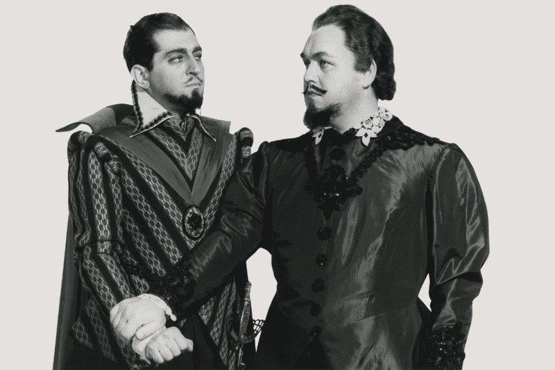 Robert Merrill as Rodrigo and Jussi Björling in the title role of Verdi's "Don Carlo." 