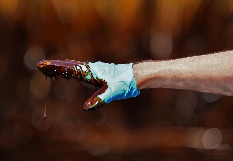  A hand covered with crude oil points to an oiled marsh where oil has come ashore May 26, 2010 in Blind Bay, Louisiana.