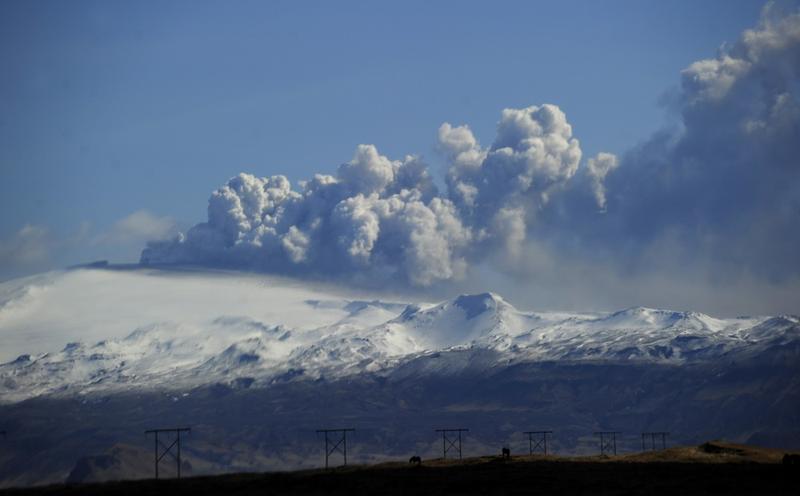 Smoke and ash bellow from the Eyjafjallajokull volcano as the volcano is seen from Hvolsvollur, Iceland, on April 19, 2010.