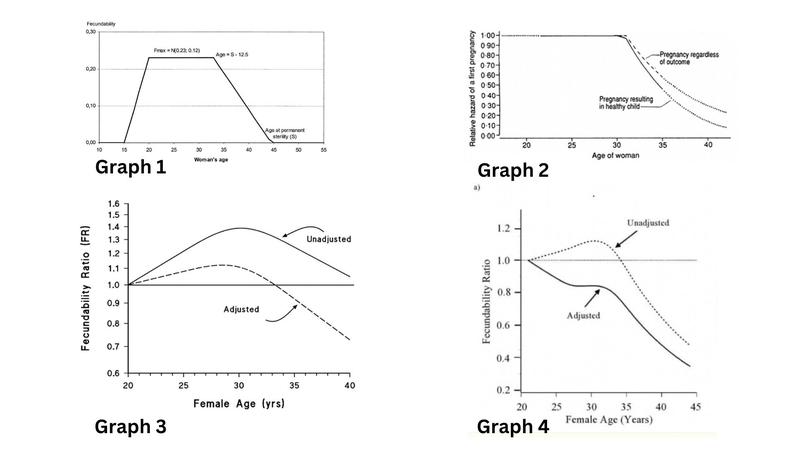 Various graphs about the rates of female fertility at different ages.