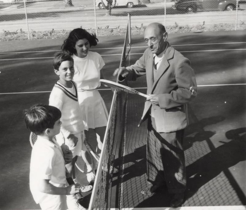 Schoenberg pictured with his family on the tennis court.