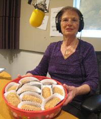 Marina Johnson in the WNYC studio with her melomakarona cookies