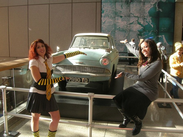 New York Harry Potter fans Jennifer Drucker and Jax Medina posing with the Ford Anglia.
