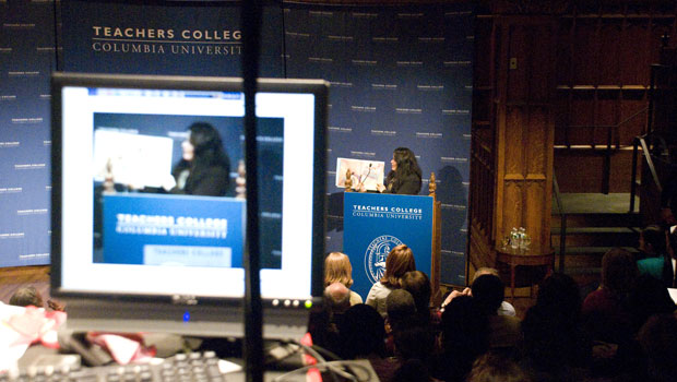 Maya Soetoro-Ng, President Barack Obama’s half-sister. reads from her new book “Ladder to the Moon” at the Columbia University Teachers College.