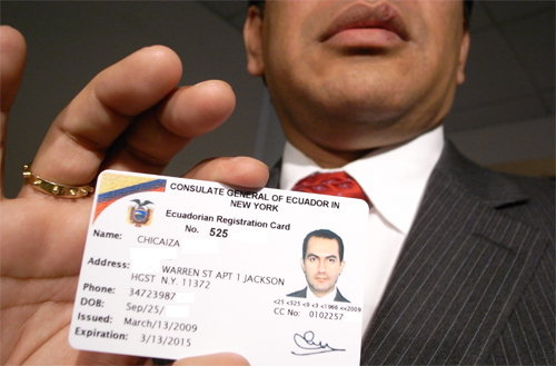 Jorge Lopez displays an I.D. card issued by the Consulate General of Ecuador that would be accepted as a valid form of identification at all banks if this legislation passes. 