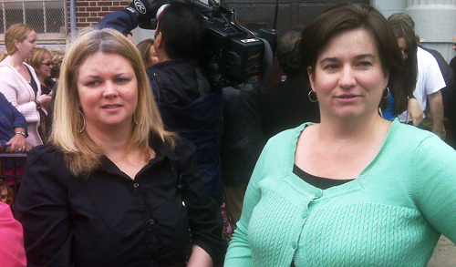 Caren Criscupoli and Cathy Pagan, teachers at I.S. 73 in Maspeth where a higher than normal number of students have called in absent. The chancellor and union leaders visited Monday to discuss concerns about swine flu.