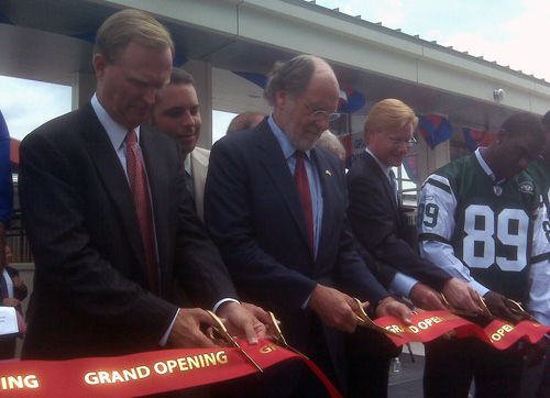 Governor Jon Corzine at the ribbon cutting for the new Meadowlands rail station and 2.3-mile rail spur that ties the sports complex into the New Jersey Transit network. 