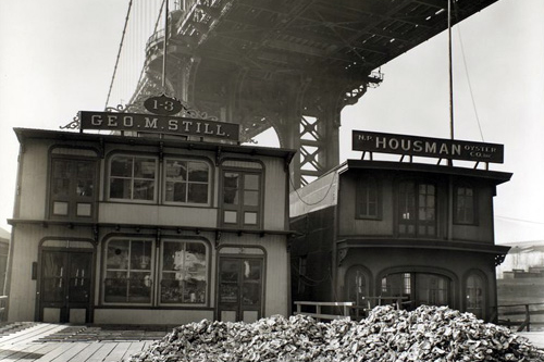 Oyster Houses, South Street and Pike Slip, under the Manhattan Bridge. (April 01, 1937)
