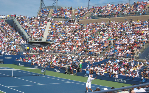 A record 37,388 fans attended Friday's day session. That's Jurgen Melzer serving.