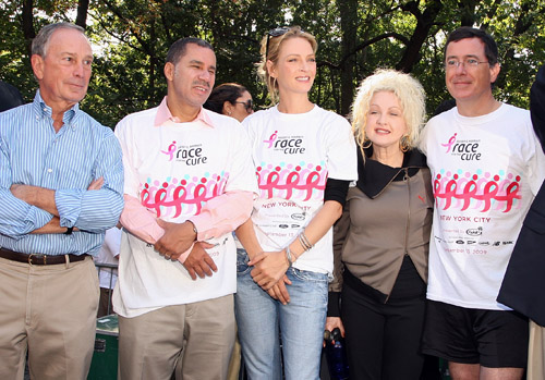 (L-R) Mayor Bloomberg, Governor Paterson, actress Uma Thurman, singer Cyndi Lauper, and TV personality Stephan Colbert attend the 2009 Koman New York City Race For The Cure September 13. (Getty Images)