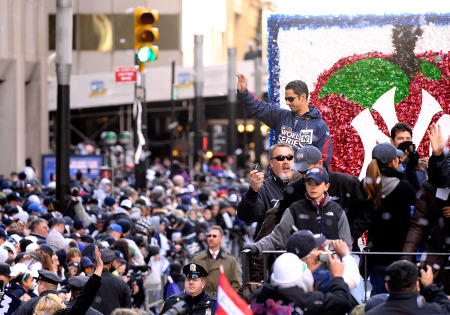 Yankee Jorge Posada celebrates on a float during the Yankees World Series Victory Parade (Michael Loccisano/Getty Images) 