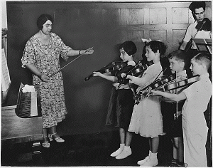 Class in violin instruction under the direction of the WPA Federal Music Project in New York City, 1936. Courtesy of the Franklin D. Roosevelt Library