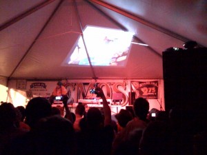 DJ duo NASA performs in the tent outside Emo's.